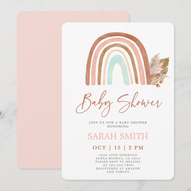 Invitation Baby shower rose arc en ciel (Devant / Derrière)