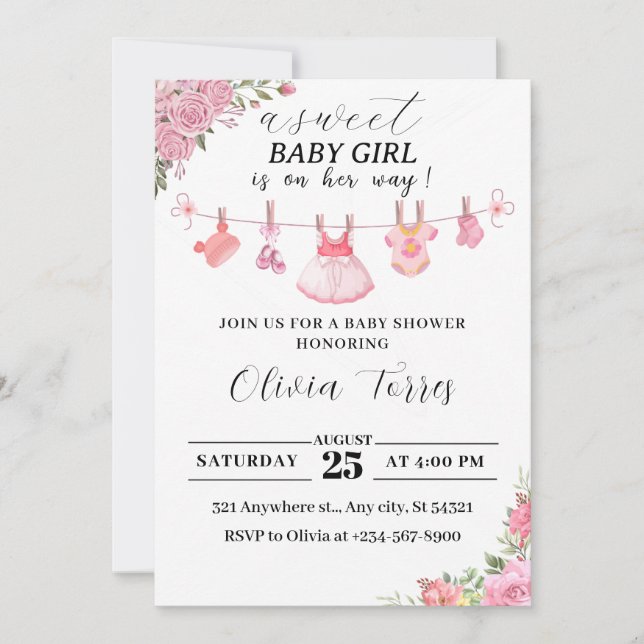 Invitation Baby shower rose avec linge de toilette (Devant)