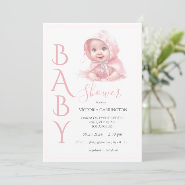 Invitation Baby shower rose bébé fille (Debout devant)
