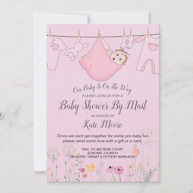 Invitation Baby shower rose bébé fille par la poste (Devant)