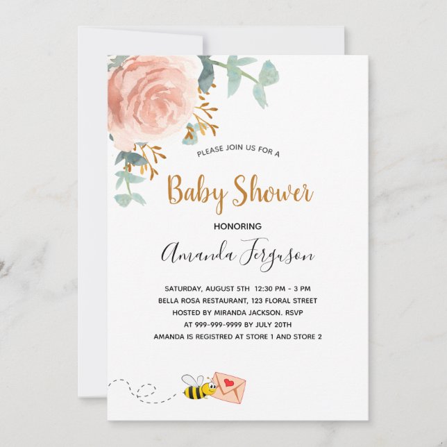 Invitation Baby shower rose bee bee rose fleurie fille (Devant)