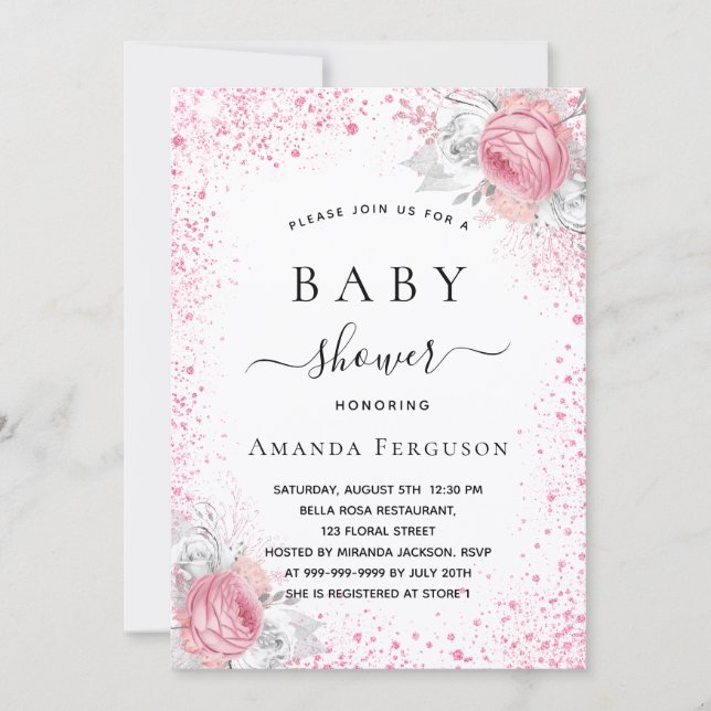 Invitation Baby shower rose blanc parties scintillant fille f (Devant)