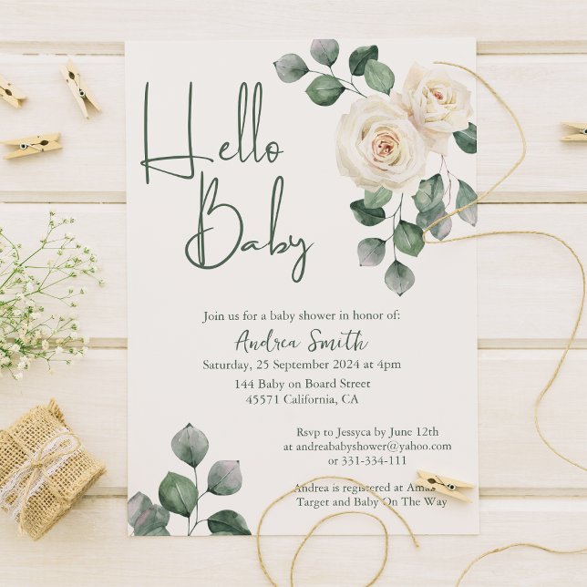 Invitation Baby Shower Rose Blanche et Verte (Créateur téléchargé)