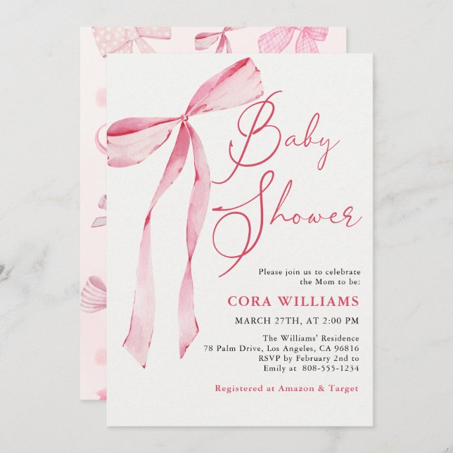 Invitation Baby shower Rose Blush & Bows (Devant / Derrière)