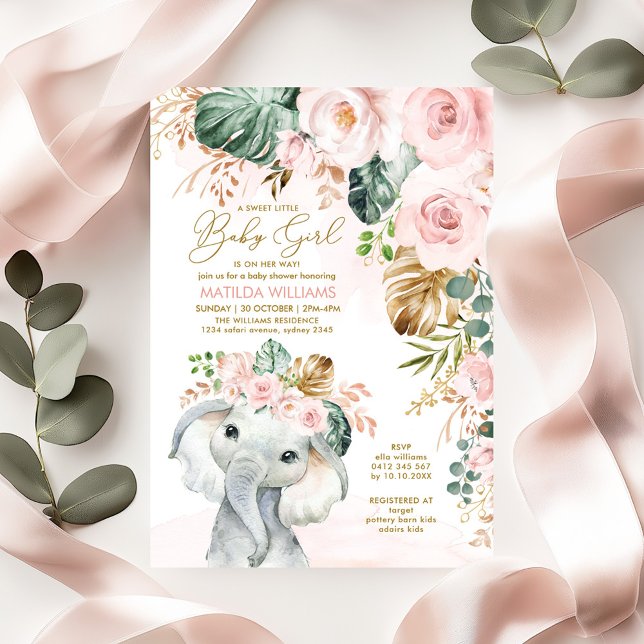 Invitation Baby shower Rose Blush Elephant Sweet Baby Girl  (Créateur téléchargé)