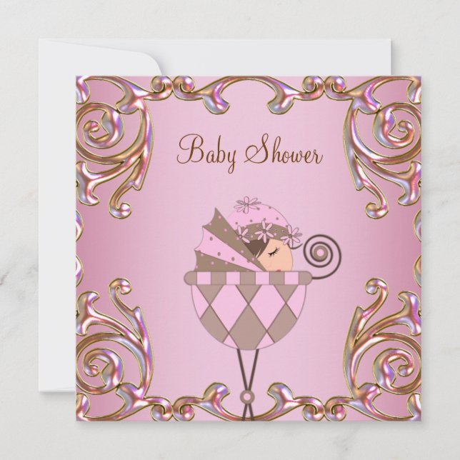 Invitation Baby shower rose Brown et or fille (Devant)