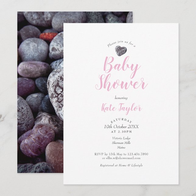 Invitation Baby shower rose caillou /Saupoudrer / Couples (Devant / Derrière)