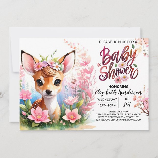 Invitation Baby shower rose cerf et Fleur sauvage (Devant)