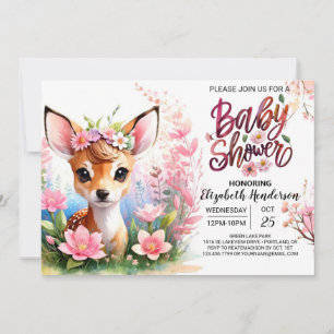 Invitation Baby shower rose cerf et Fleur sauvage