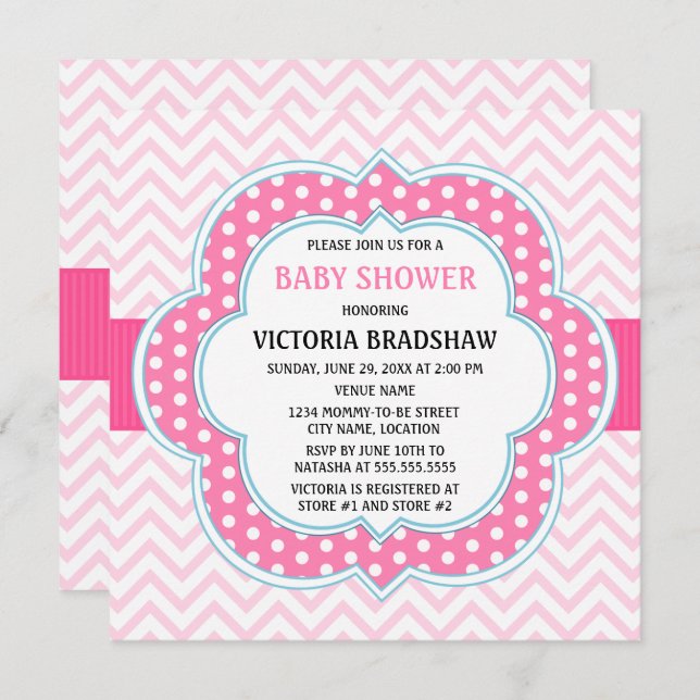 Invitation Baby shower rose Chevron (Devant / Derrière)