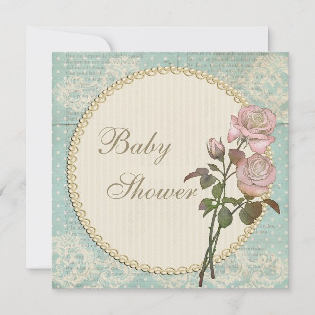 Invitation Baby shower Rose chic Pearls and Lace Shabby (Devant)