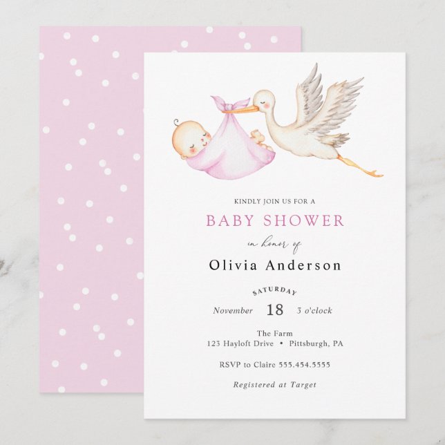 Invitation Baby shower rose cigogne (Devant / Derrière)