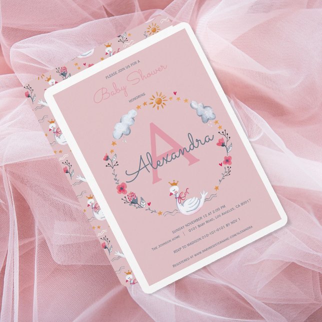 Invitation Baby shower rose cygne (Swan pink baby shower invitation)