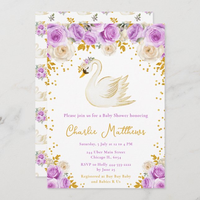 Invitation Baby shower Rose cygne violet et or (Devant / Derrière)