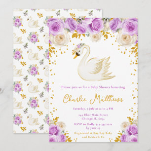 Invitation Baby shower Rose cygne violet et or