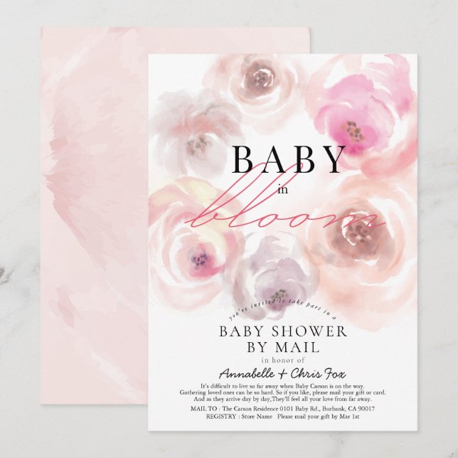Invitation Baby shower Rose d'aquarelle bébé en fleur par cou (Devant / Derrière)