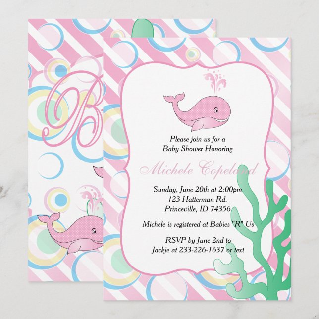 Invitation Baby shower rose de baleine de bébé (Devant / Derrière)