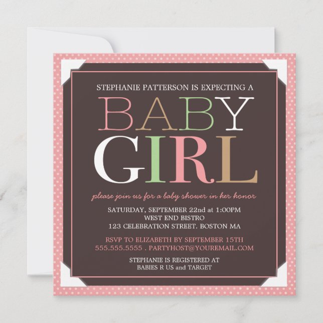 Invitation Baby shower rose de bébé et Brown moderne (Devant)