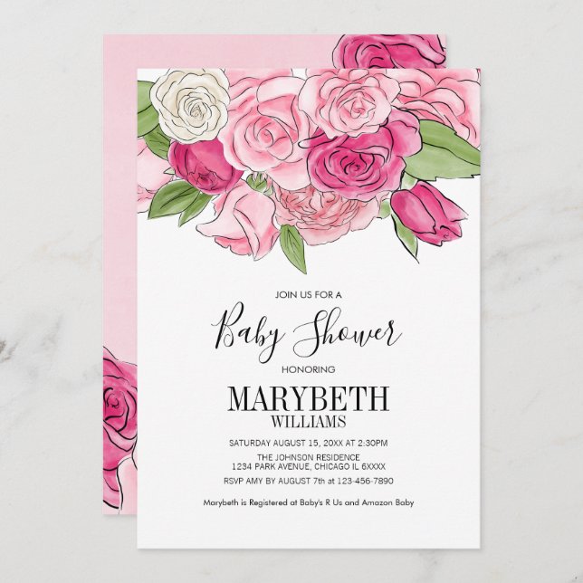 Invitation Baby shower Rose de couleur rose (Devant / Derrière)