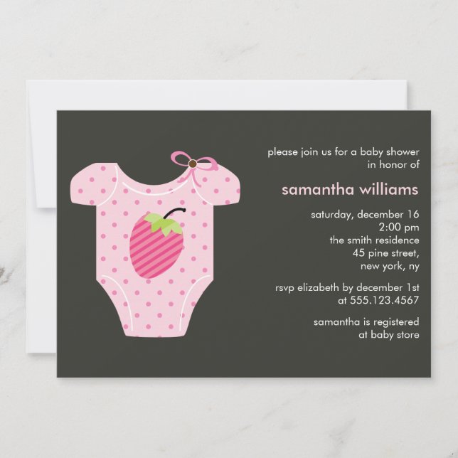 Invitation Baby shower rose de fille d'équipement de fraise (Devant)