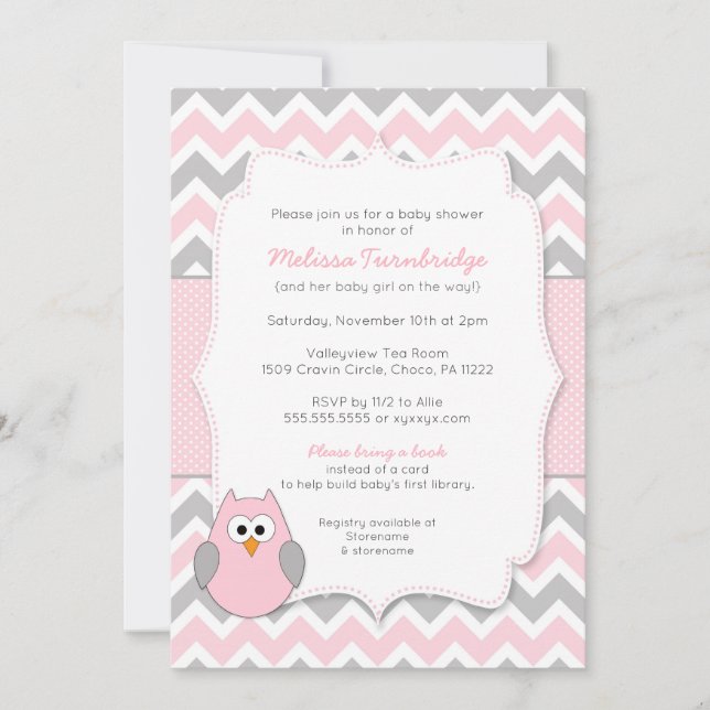 Invitation Baby shower rose de hibou avec la demande de livre (Devant)