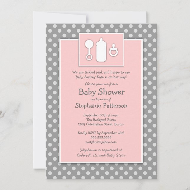 Invitation Baby shower rose de la boule Binky Rattle (Devant)