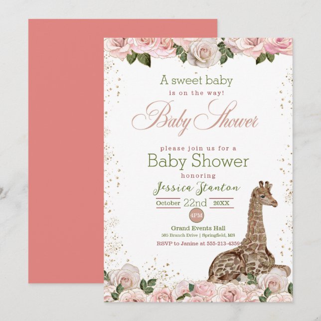 Invitation Baby shower Rose de la Giraffe Cute (Devant / Derrière)