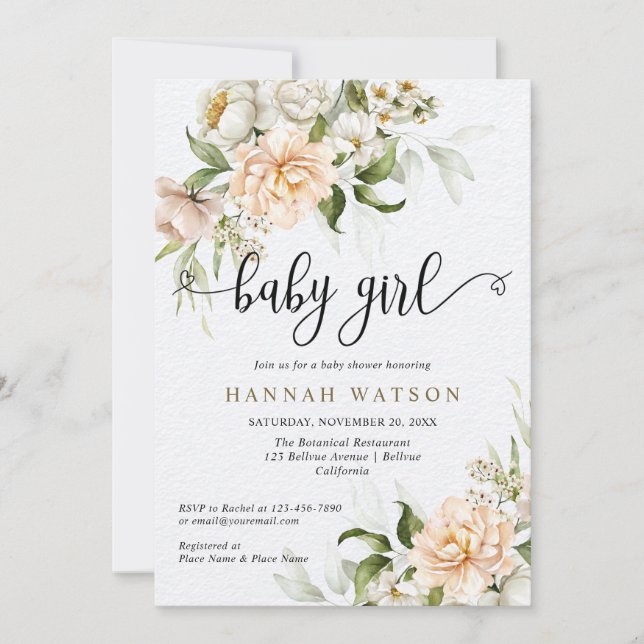 Invitation Baby shower Rose de la petite fille rose pâle (Devant)