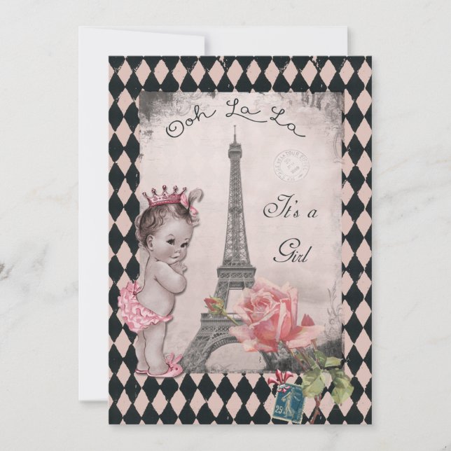 Invitation Baby shower Rose de la Tour Vintage Princesse Eiff (Devant)