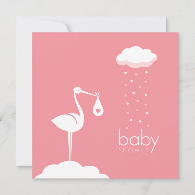 Invitation Baby shower rose de livraison de la cigogne (Devant)