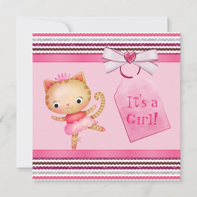 Invitation Baby shower rose de princesse Ballerina Kitty Cat (Devant)