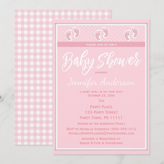 Invitation Baby shower rose d'empreinte de pas de fille (Devant / Derrière)