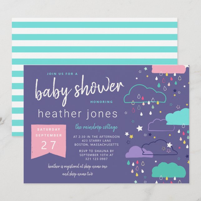 Invitation Baby shower rose des étoiles des nuages de pluie d (Devant / Derrière)
