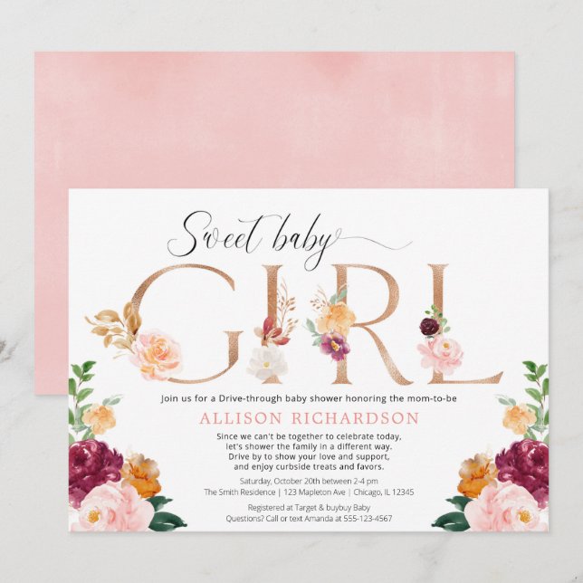 Invitation baby shower rose d'or rougeâtre (Devant / Derrière)
