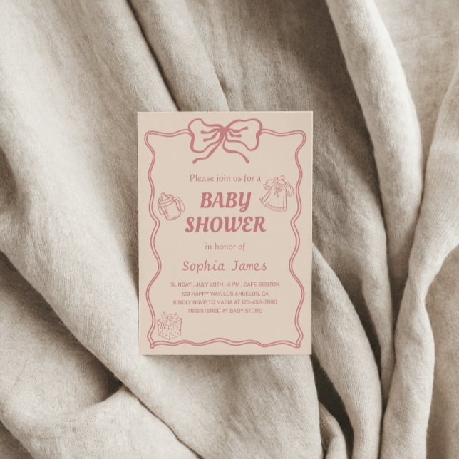 Invitation Baby shower rose doux avec icônes pour bébé et cad (Créateur téléchargé)