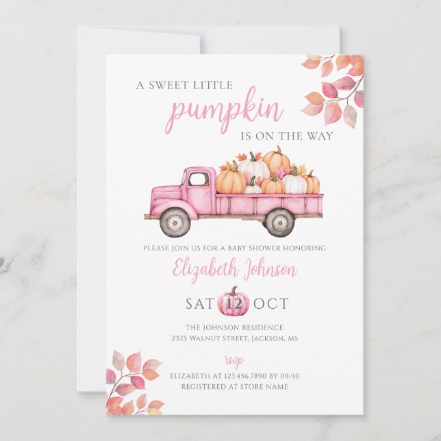 Invitation Baby shower rose doux Citrouille photo Code QR (Devant)