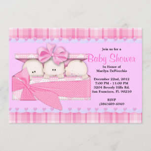 Invitation Baby shower ROSE doux MIGNON de triplets