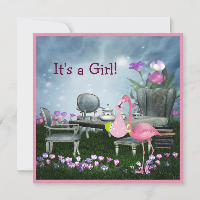 Invitation Baby shower rose du pays des merveilles du Flamant (Devant)