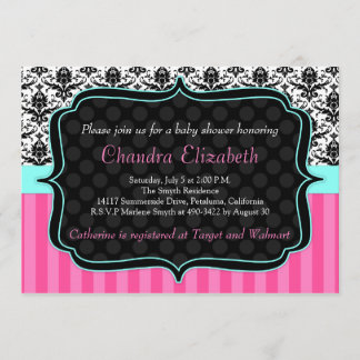 Invitation Baby shower rose, élégante, Damas