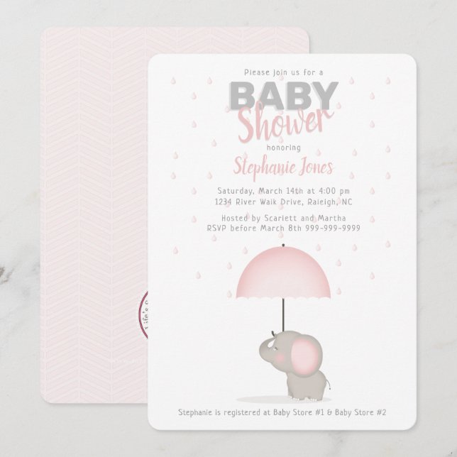 Invitation Baby shower rose éléphant bébé (Devant / Derrière)