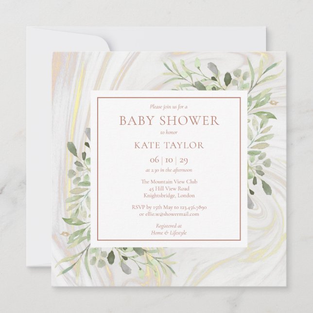 Invitation Baby shower rose en marbre or | Saupoudrer de verd (Devant)