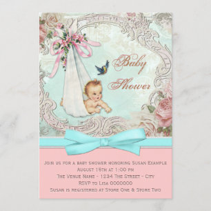 Invitation Baby Shower Rose et Bleu Sarcelle Vintage