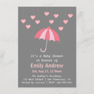 Invitation Baby-shower rose et gris avec amour et parapluie