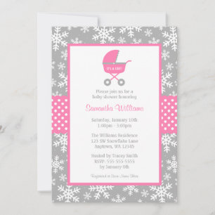 Invitation Baby shower rose et gris de flocons de neige de