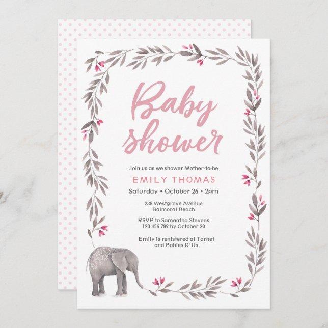Invitation Baby shower rose et gris éléphant (Devant / Derrière)