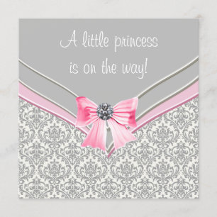 Invitation Baby Shower Rose et Gris Princesse avec un Nœud Ro