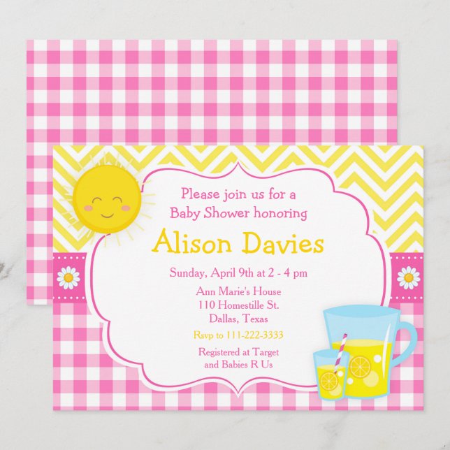 Invitation Baby shower rose et jaune citronné (Devant / Derrière)