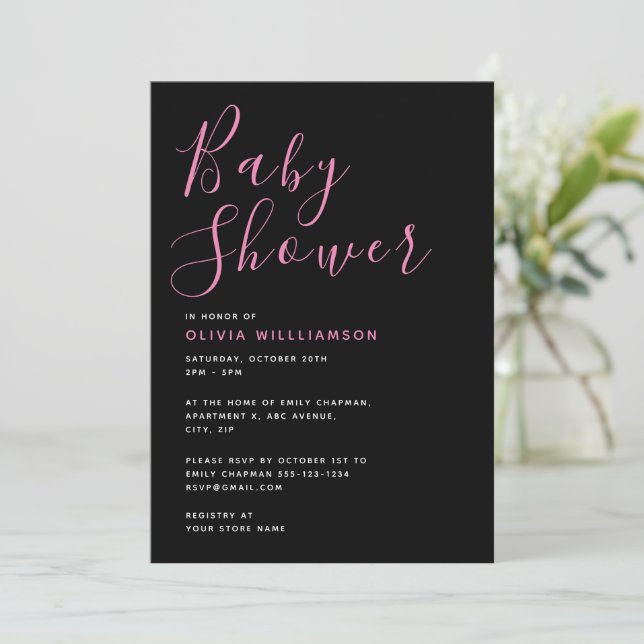 Invitation Baby Shower Rose Et Noir Moderne Simpliste (Debout devant)