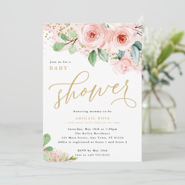 Invitation Baby shower, rose et or Aquarelle Fleurs (Debout devant)