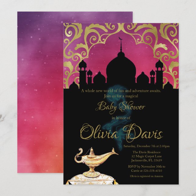 Invitation Baby shower rose et or des nuits arabes (Devant / Derrière)